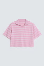 By Shaday Women's Cropped Striped Polo Shirt in Pink