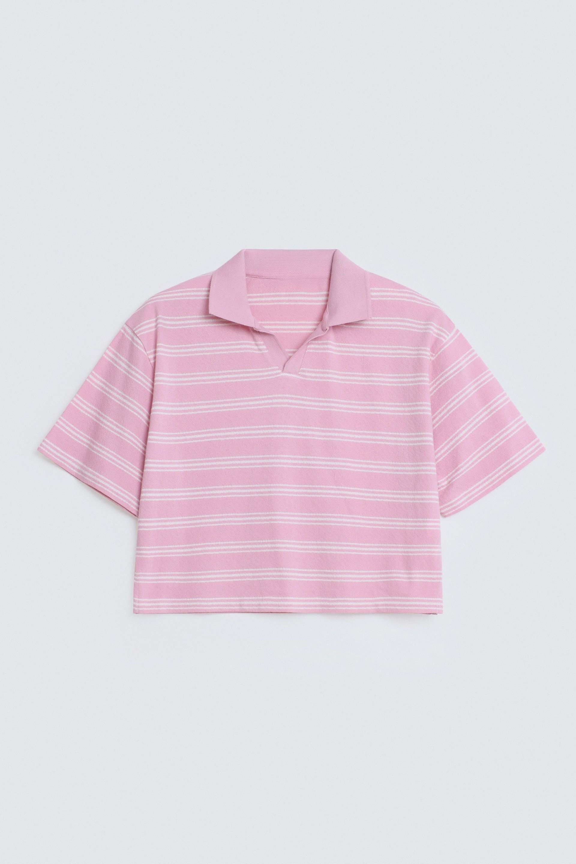 By Shaday Women's Cropped Striped Polo Shirt in Pink