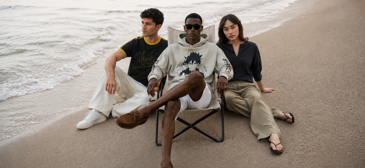 Three models sitting on folding chairs on a sandy beach next to the ocean, showcasing streetwear apparel including a black graphic t-shirt, a white graphic hoodie, and a dark long-sleeve top.