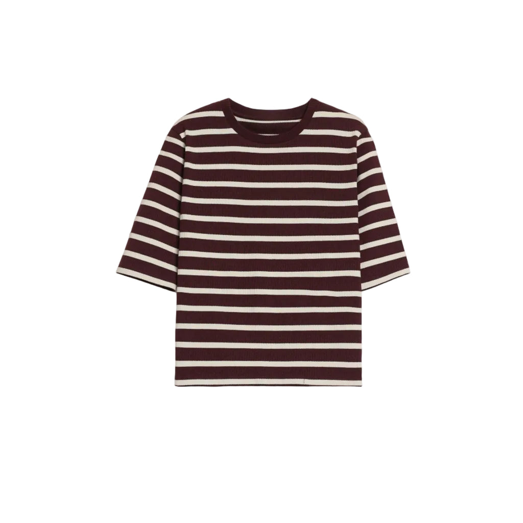 A short-sleeve crewneck t-shirt with horizontal dark brown and cream stripes, displayed flat against a light gray background.