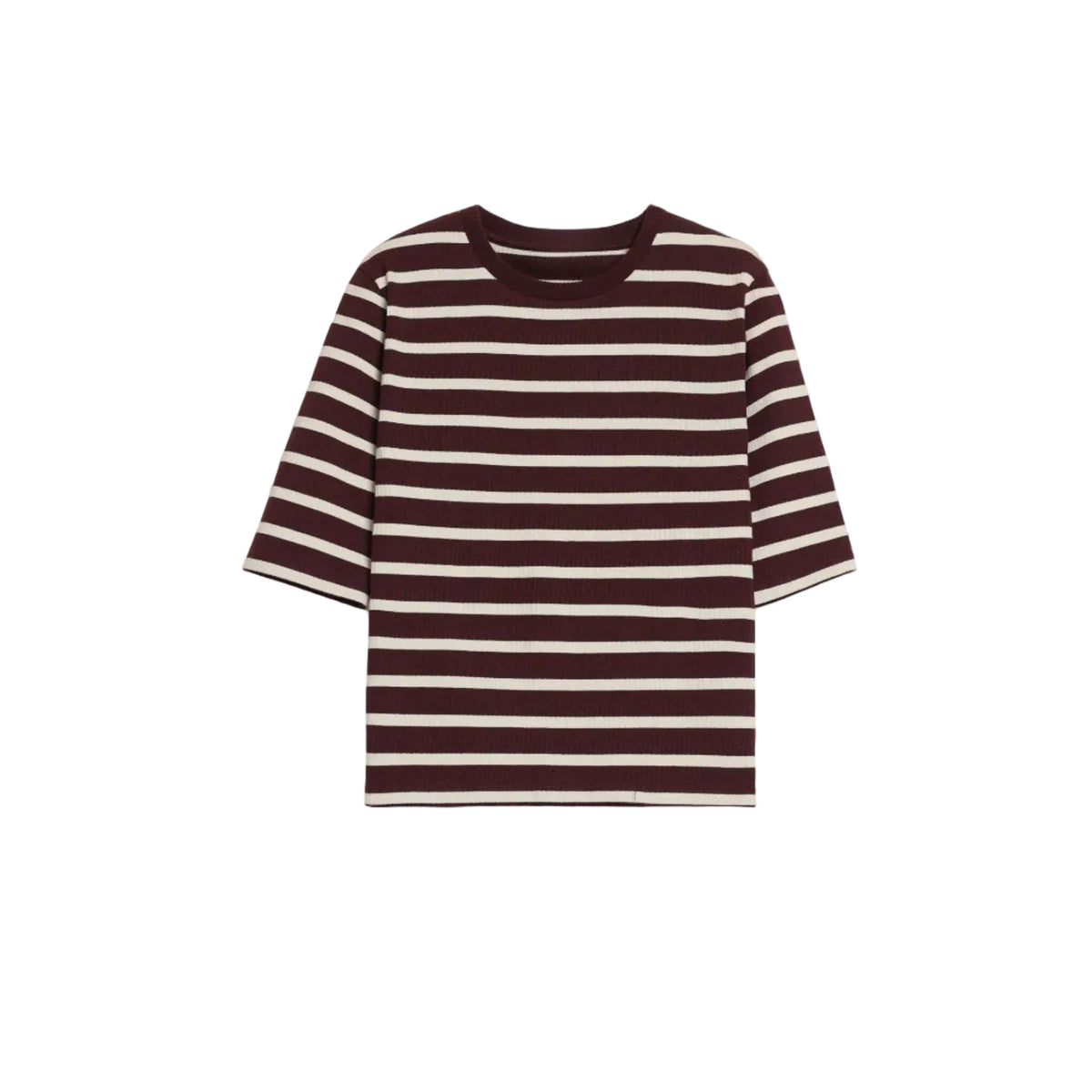 A short-sleeve crewneck t-shirt with horizontal dark brown and cream stripes, displayed flat against a light gray background.
