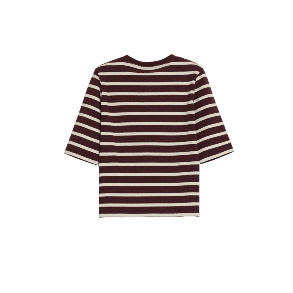 Brown and white striped shirt on a light gray background