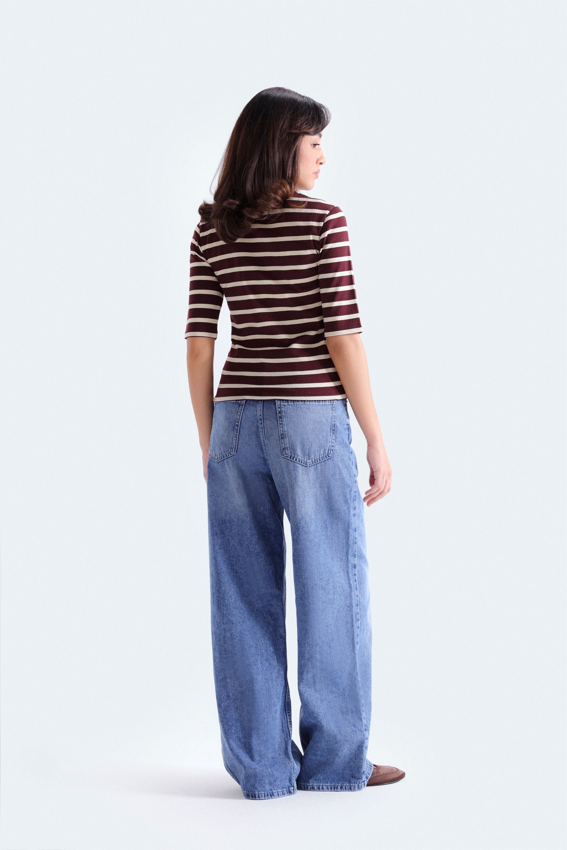 By Shaday Women's Ribbed Striped T-Shirt in Brown
