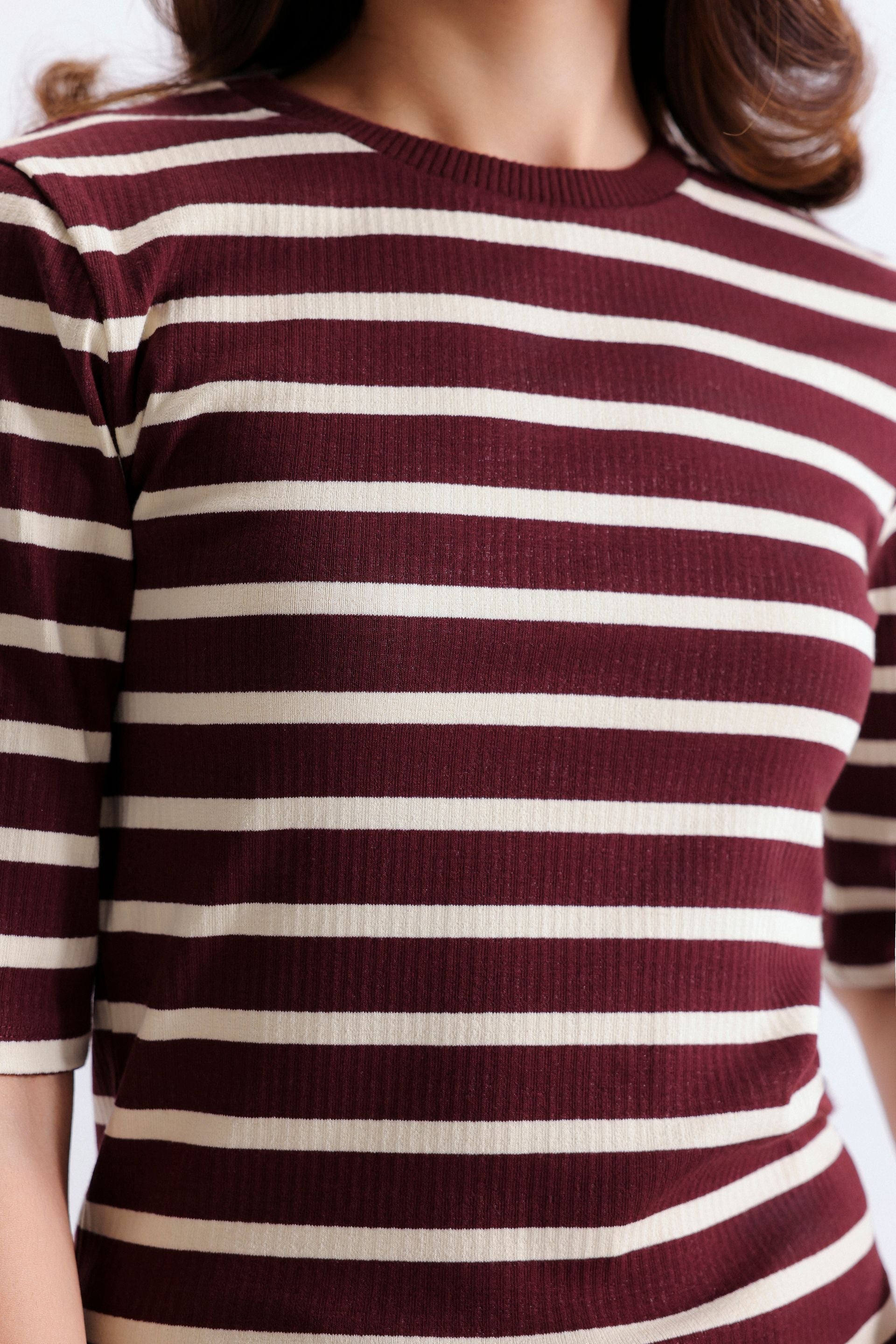 By Shaday Women's Ribbed Striped T-Shirt in Brown