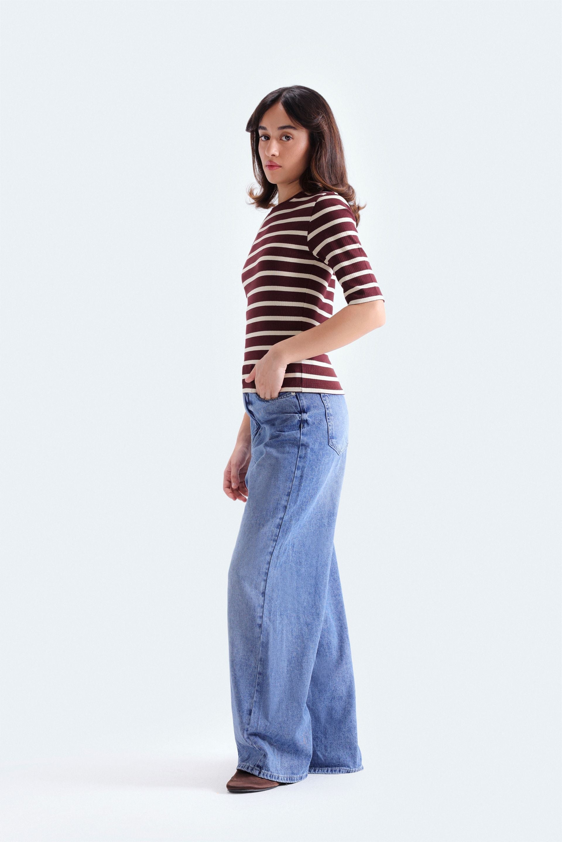 By Shaday Women's Ribbed Striped T-Shirt in Brown