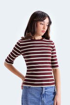 By Shaday Women's Ribbed Striped T-Shirt in Brown