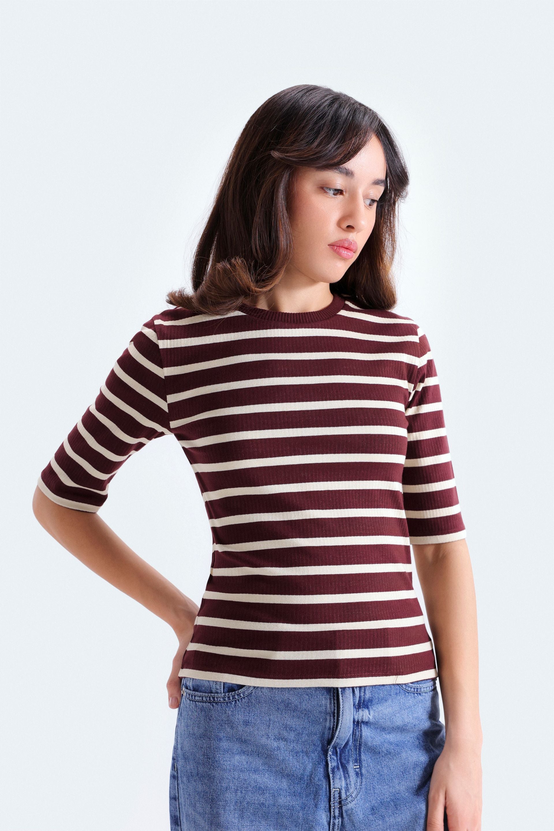 By Shaday Women's Ribbed Striped T-Shirt in Brown