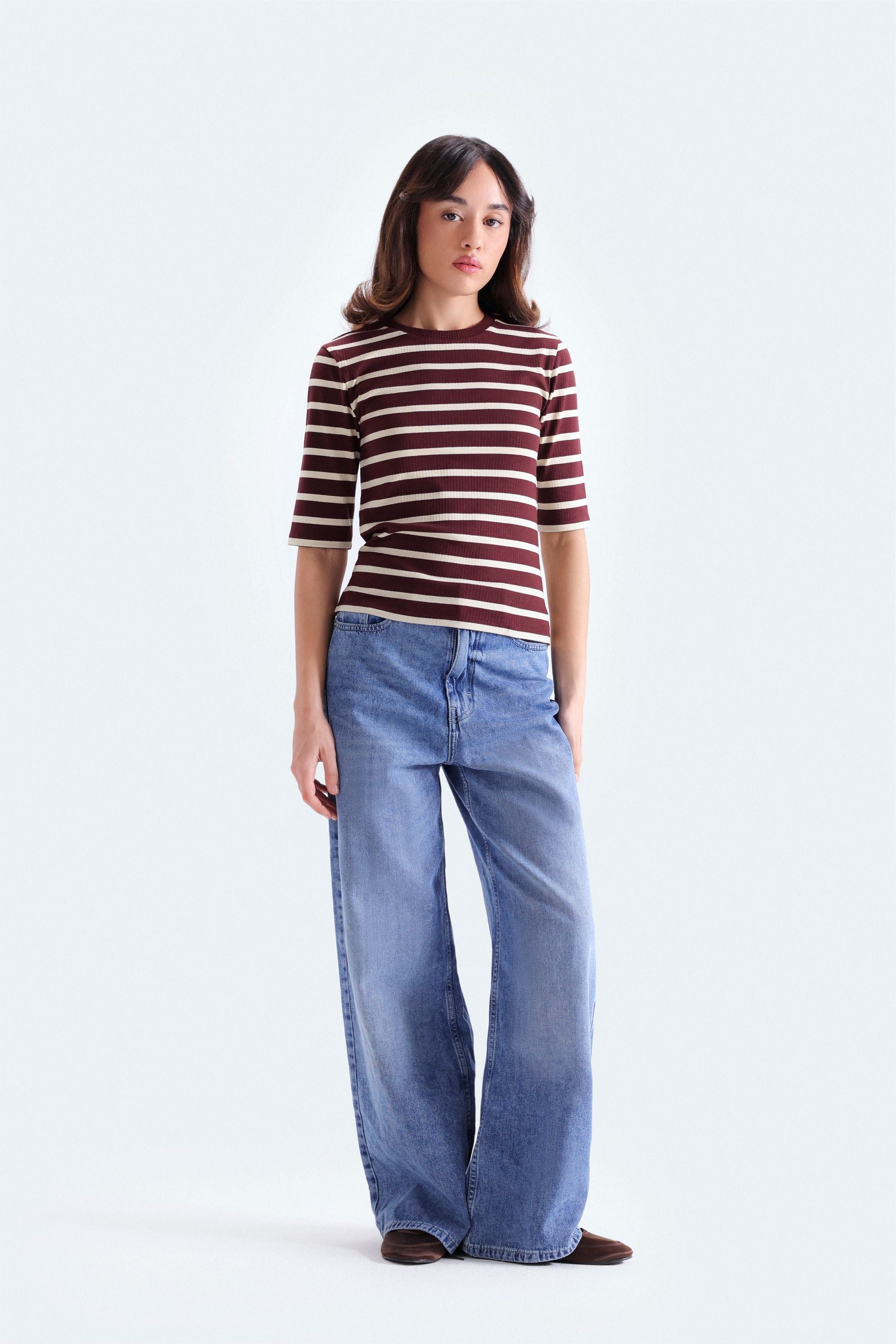 By Shaday Women's Ribbed Striped T-Shirt in Brown