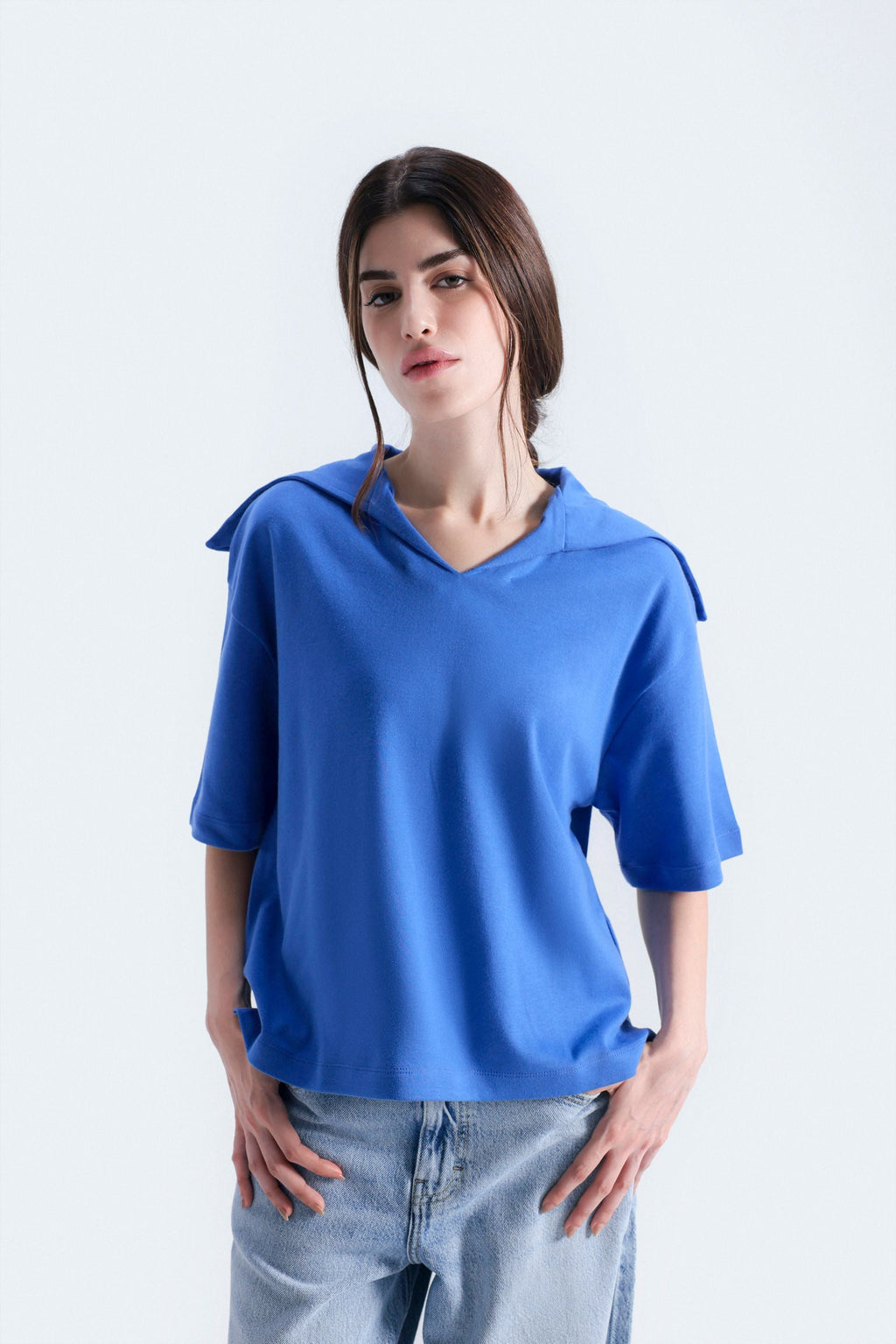 By Shaday Women's Boxy Fit V-Neck T-Shirt in Blue