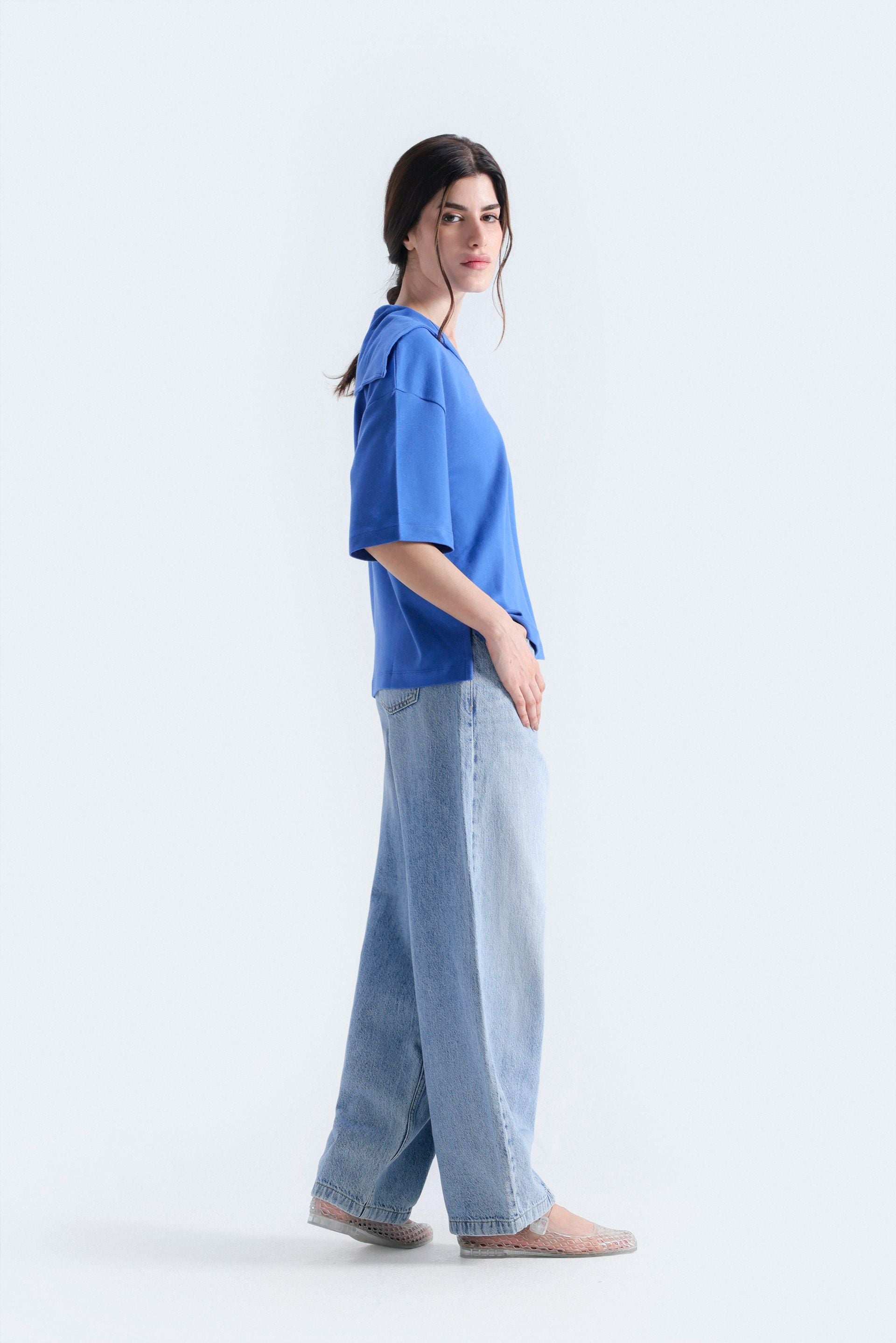 By Shaday Women's Boxy Fit V-Neck T-Shirt in Blue