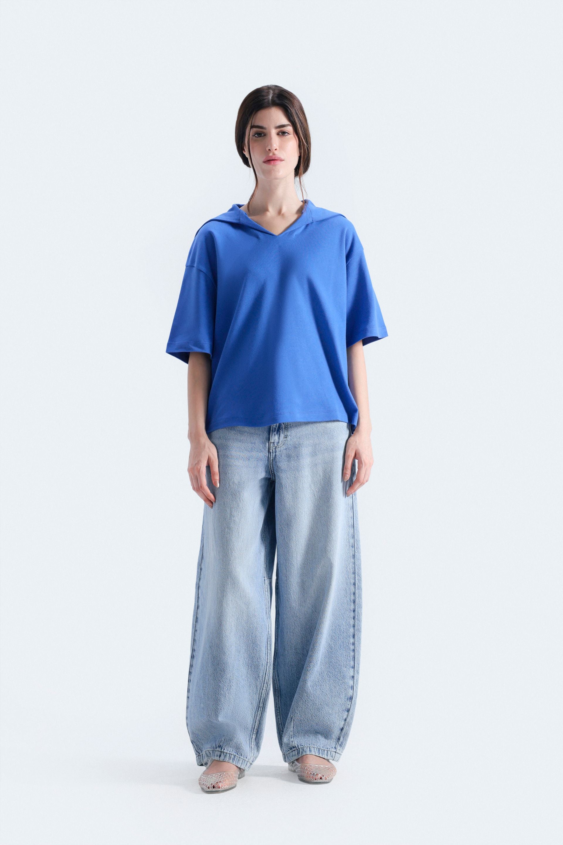 By Shaday Women's Boxy Fit V-Neck T-Shirt in Blue