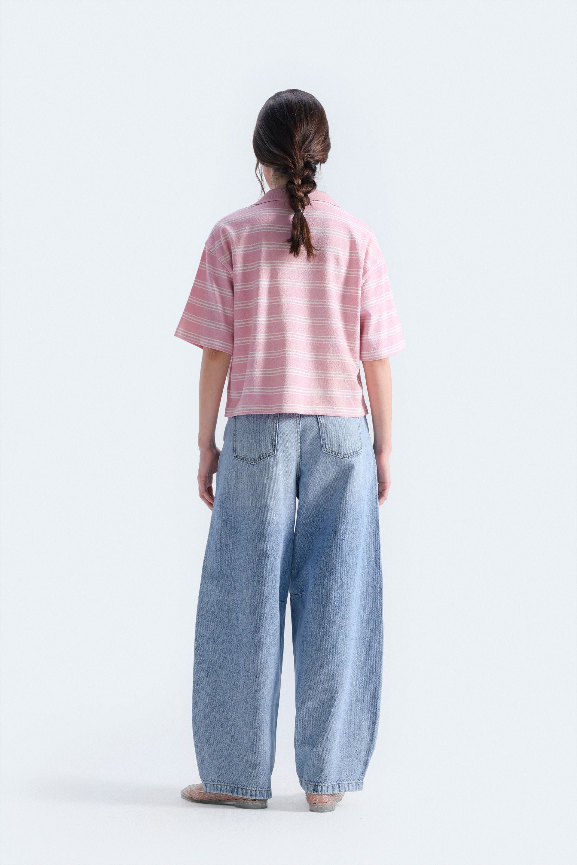 By Shaday Women's Cropped Striped Polo Shirt in Pink