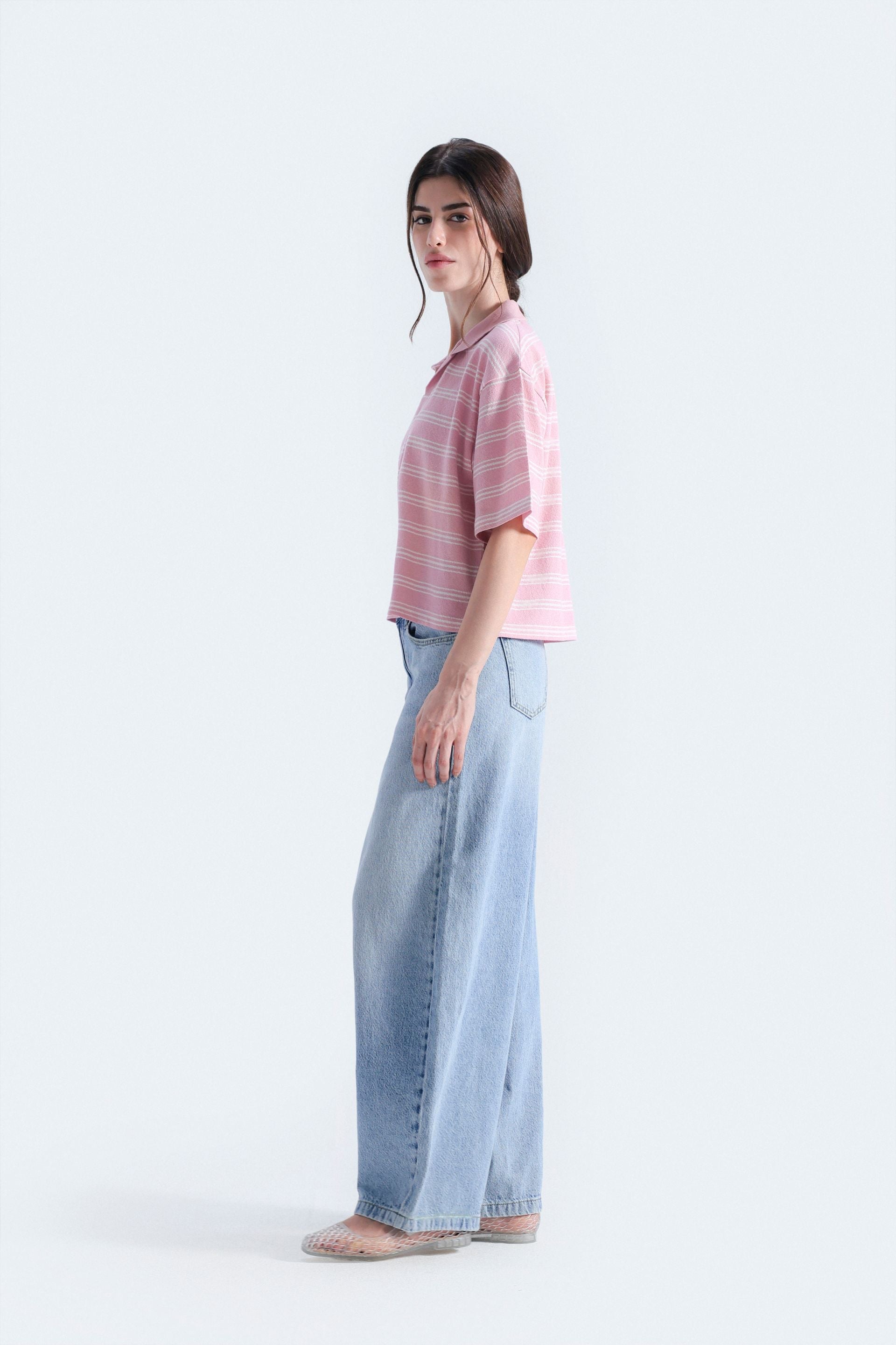 By Shaday Women's Cropped Striped Polo Shirt in Pink