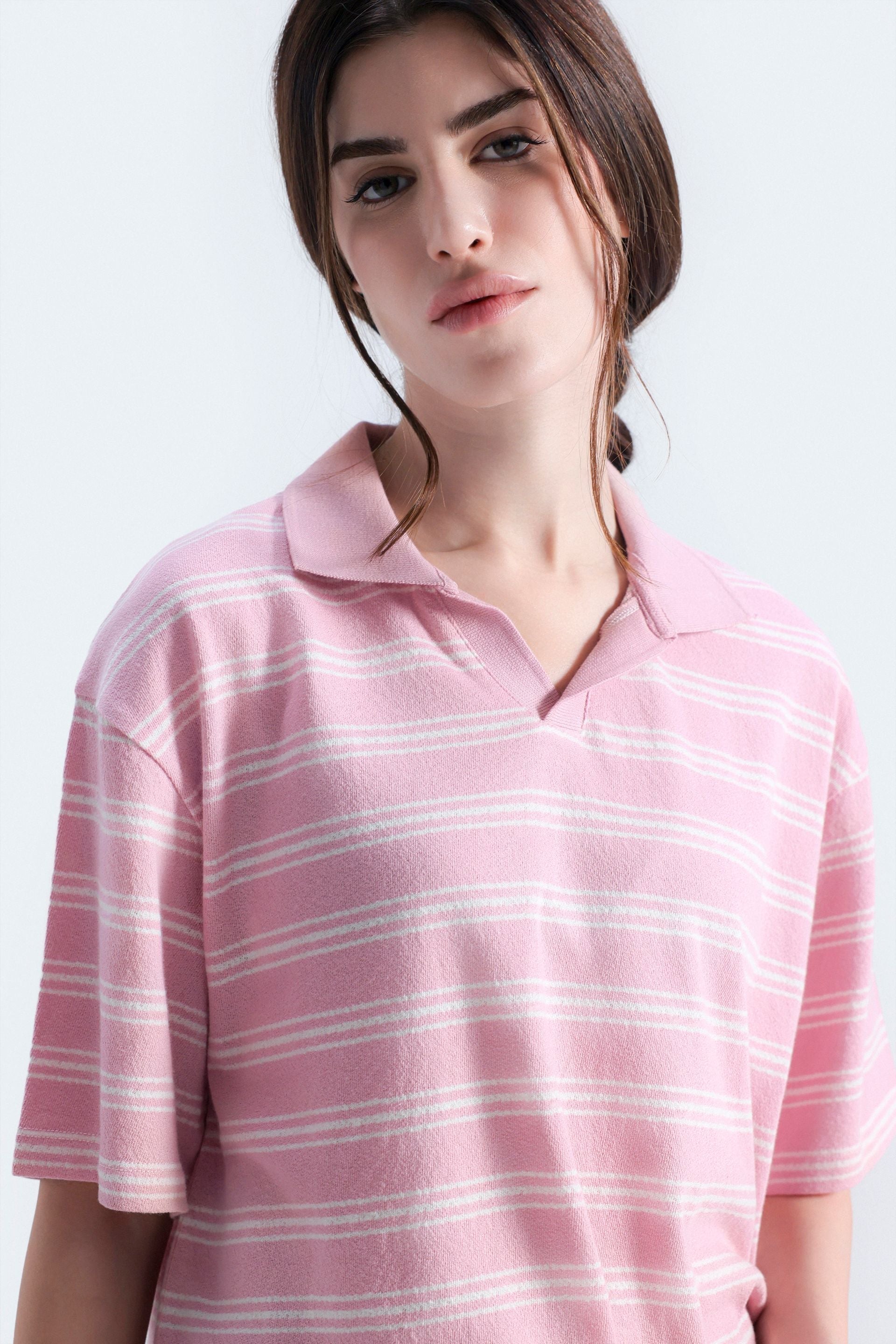 By Shaday Women's Cropped Striped Polo Shirt in Pink