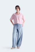 By Shaday Women's Cropped Striped Polo Shirt in Pink