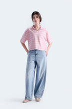 By Shaday Women's Cropped Striped Polo Shirt in Pink