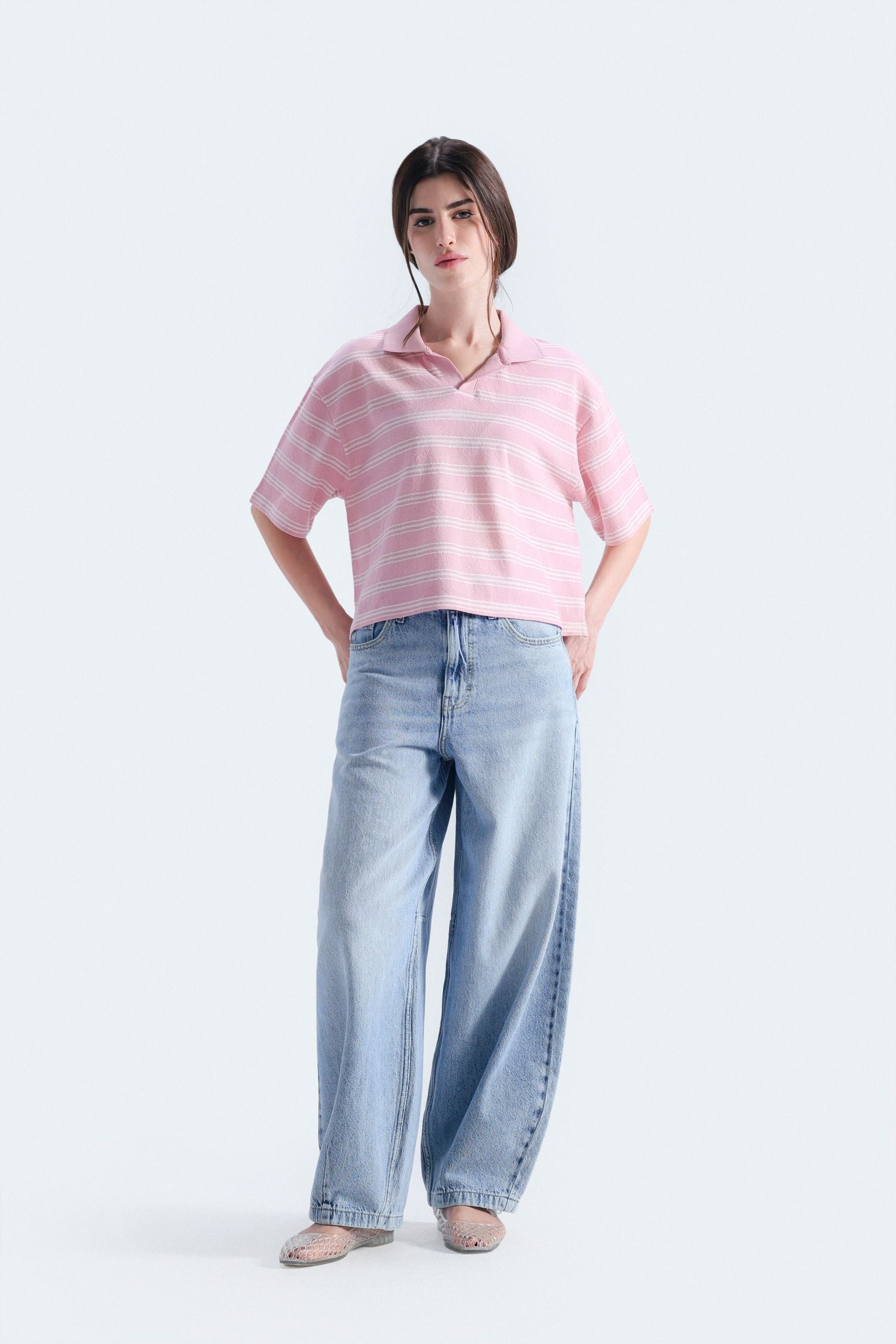 By Shaday Women's Cropped Striped Polo Shirt in Pink